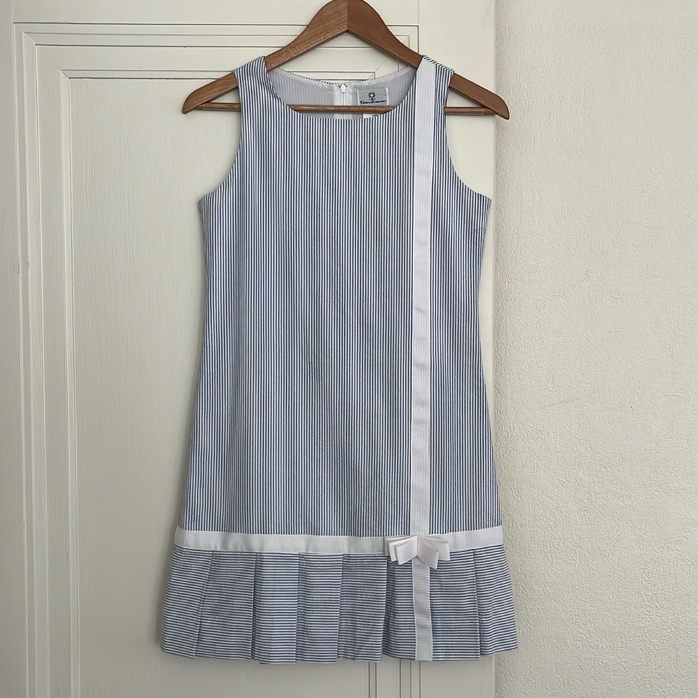Florence Eiseman Seersucker Striped Blue White Sundress Dress Ribbon Girls 14